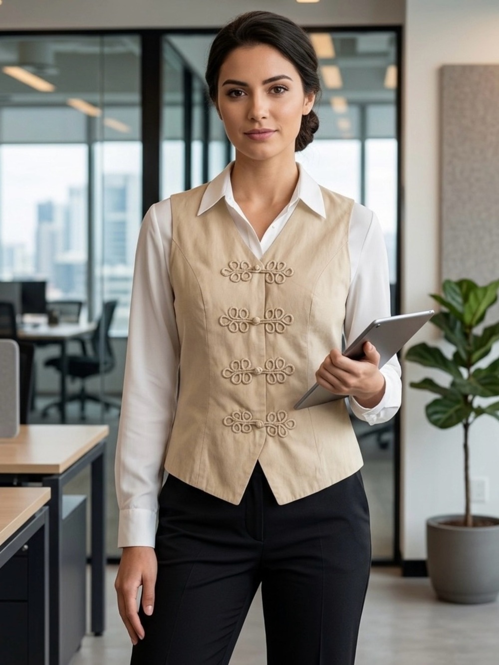 Beige Decorative Button Vest - Professional Chic